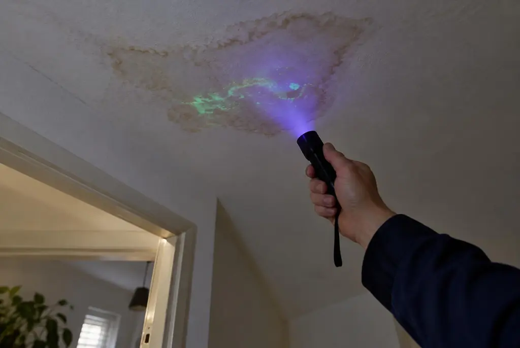Lekdetectie Heino – kleurstof controleren op het plafond met uv-licht