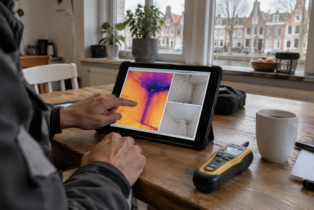 Lekdetectie Heino – lekdetectierapport met warmtebeelden en foto's op een tablet