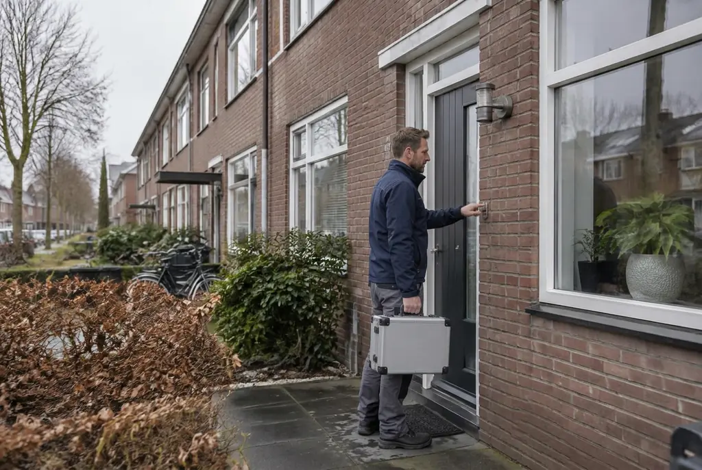 Lekdetectiespecialist met meetkoffer bij de voordeur van een woning in Heino